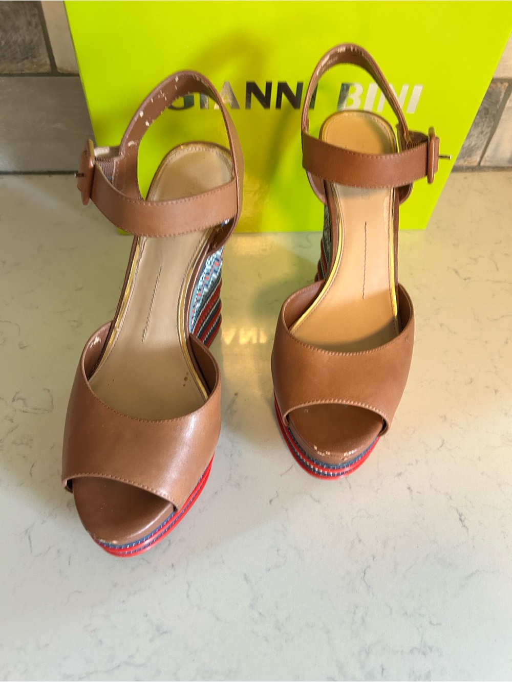 Gianni Bini Tama Hampton Tan Leather Platform Wedge Sandals - Picture 8 of 15